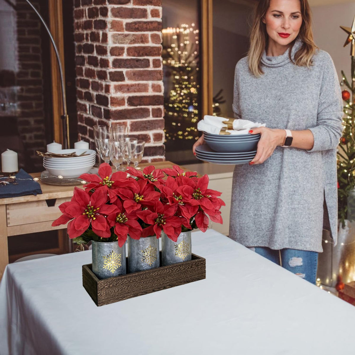 Artificial Poinsettia Centerpiece with LED Lights