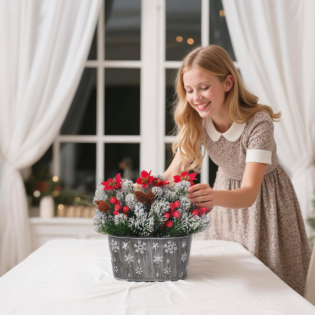 Artificial Christmas Poinsettia Centerpiece with Metal Planter