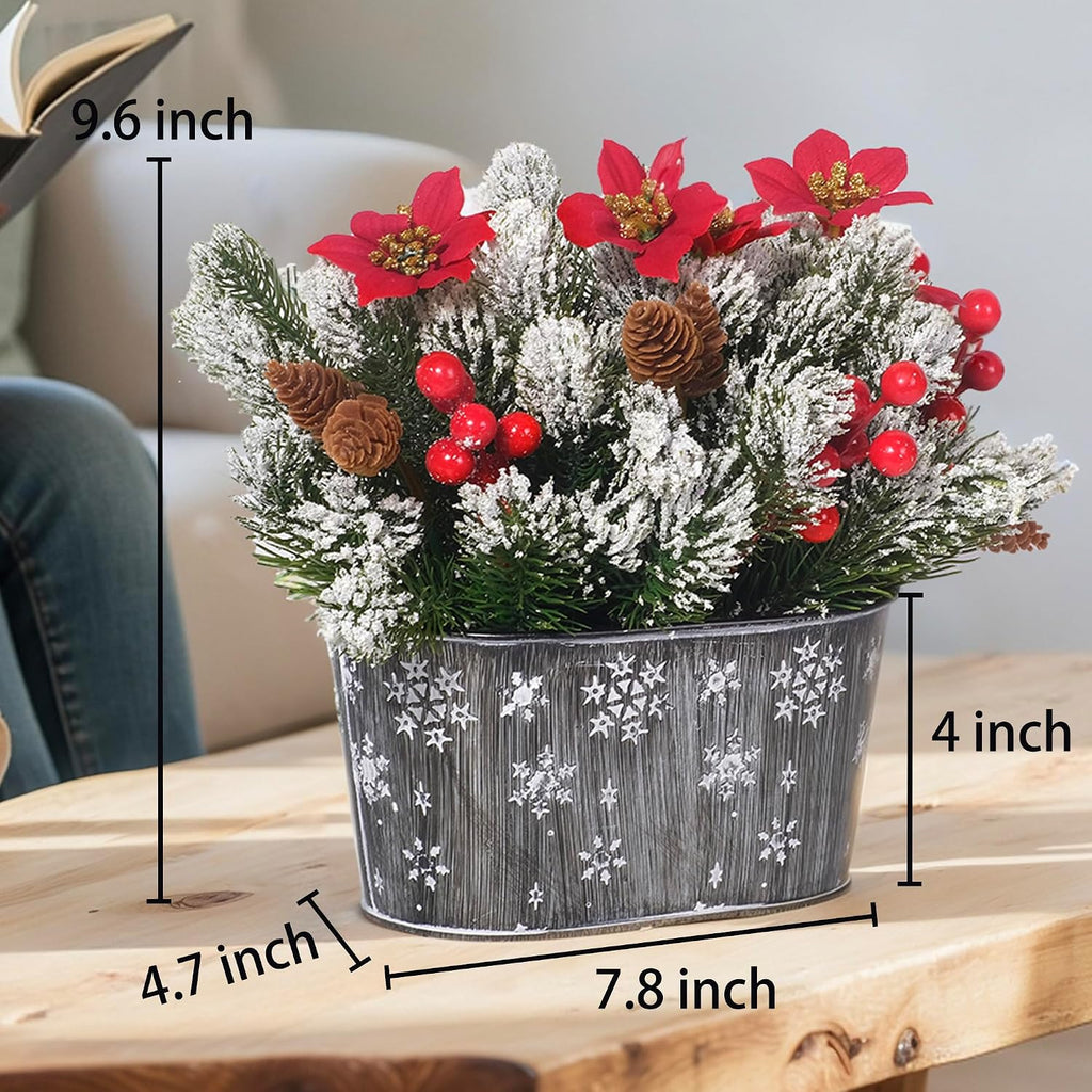 Artificial Christmas Poinsettia Centerpiece with Metal Planter