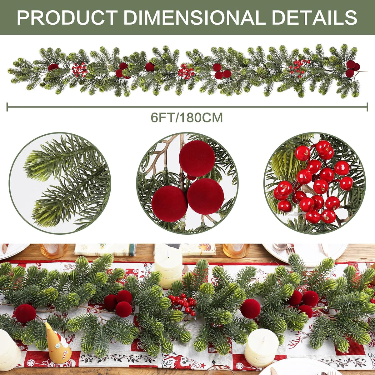 6FT Artificial Christmas Garland with Velvet Balls