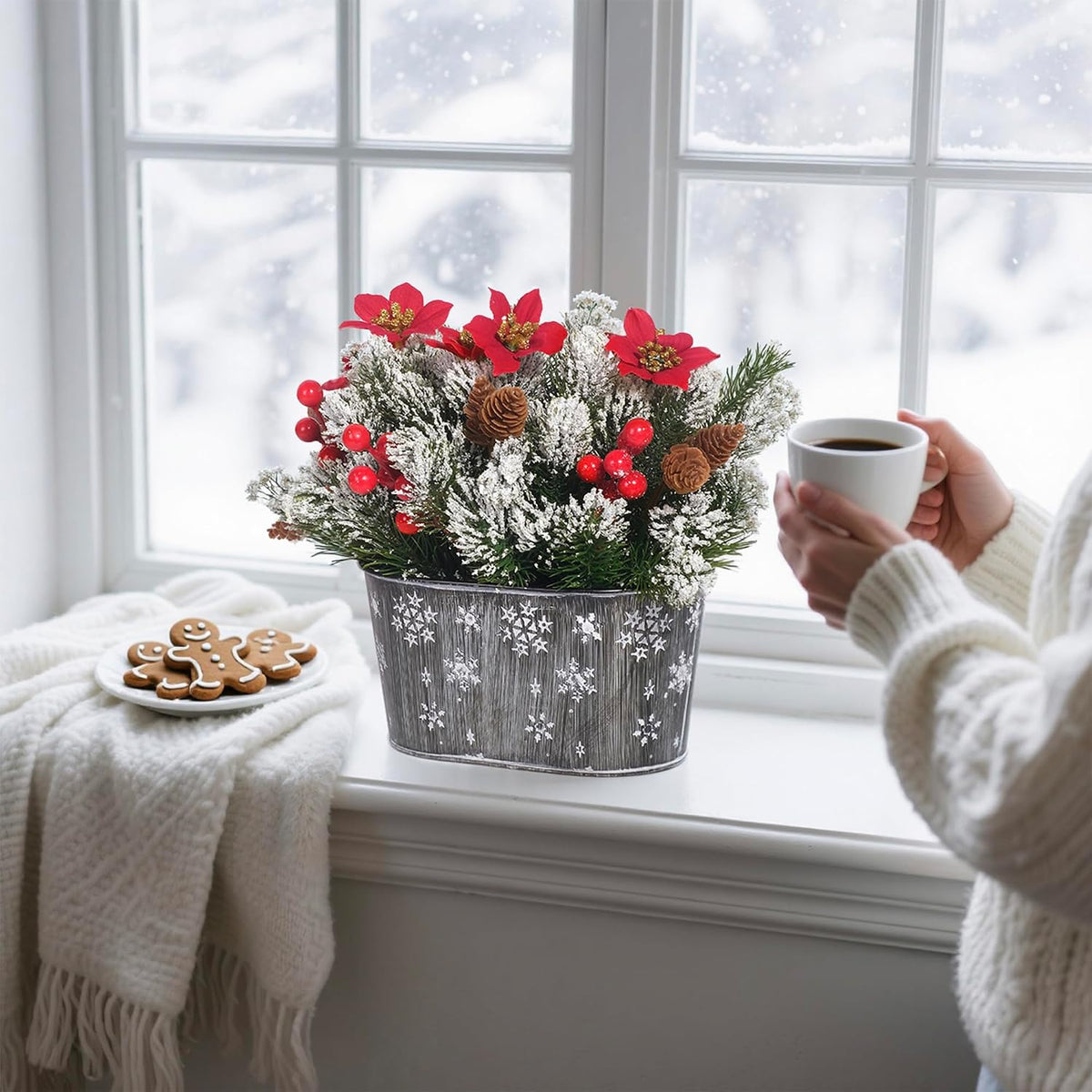 Artificial Christmas Poinsettia Centerpiece with Metal Planter
