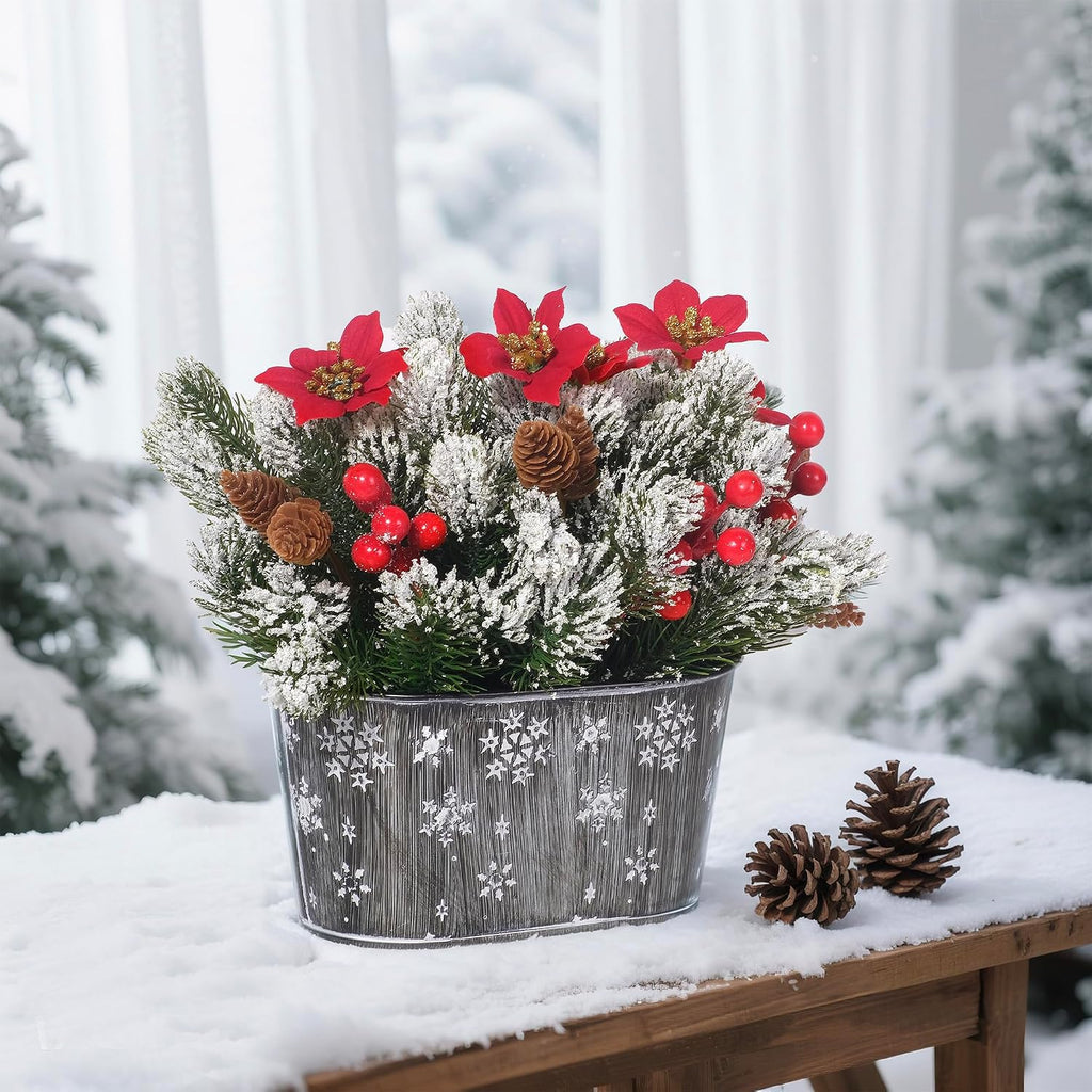Artificial Christmas Poinsettia Centerpiece with Metal Planter