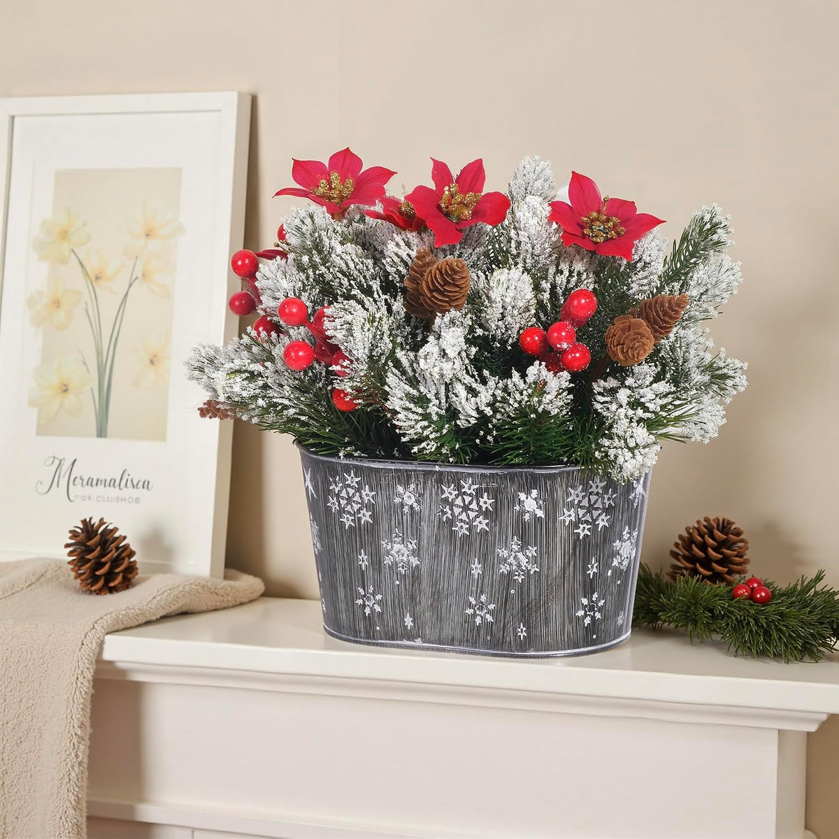 Artificial Christmas Poinsettia Centerpiece with Metal Planter