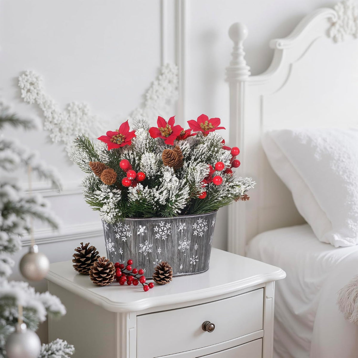 Artificial Christmas Poinsettia Centerpiece with Metal Planter