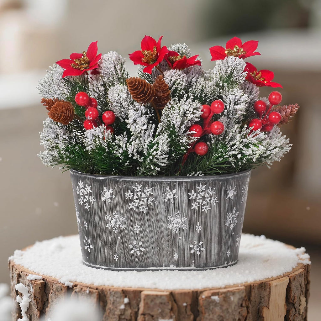 Artificial Christmas Poinsettia Centerpiece with Metal Planter