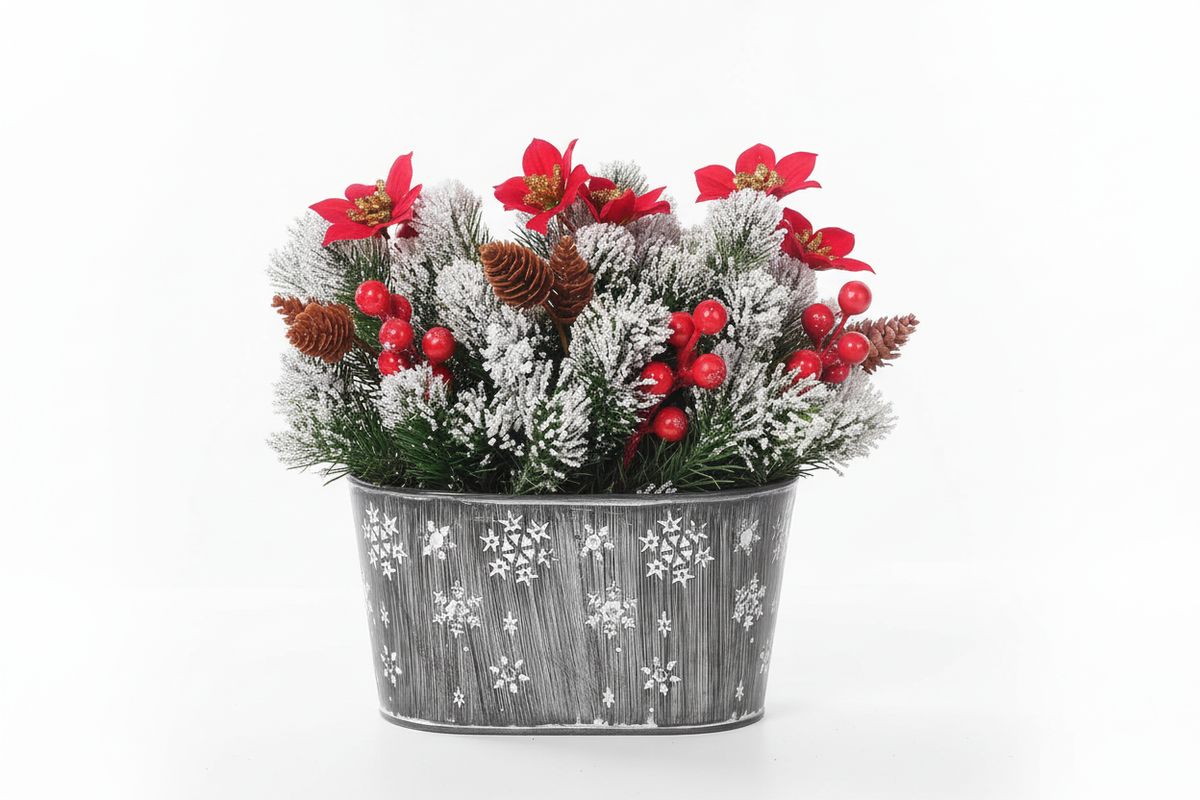 Artificial Christmas Poinsettia Centerpiece with Metal Planter